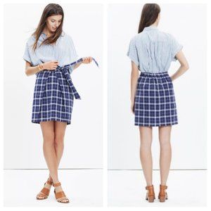 Madewell Women's Sz Small Blue Cotton/Linen Plaid Tie-Front Casual Skirt E8133